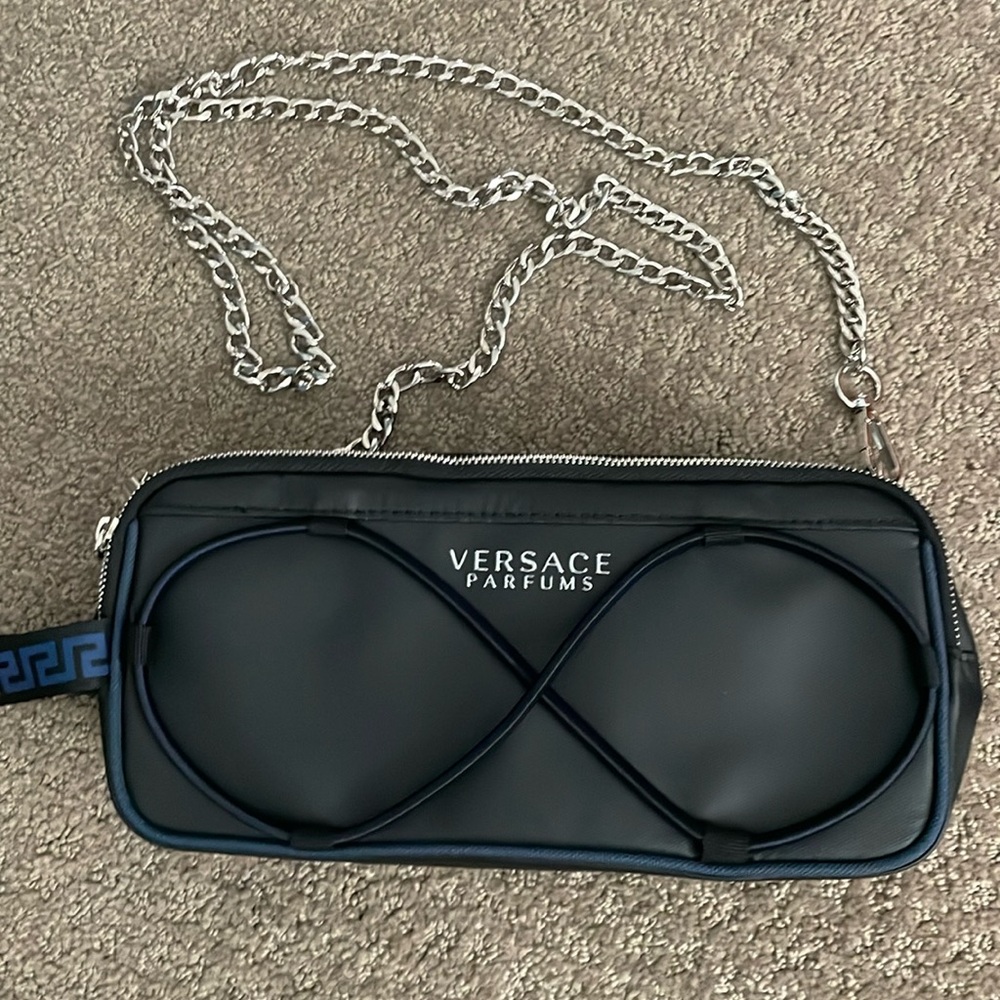 Versace Parfums Black Crossbody Bag with Silver Chain Strap